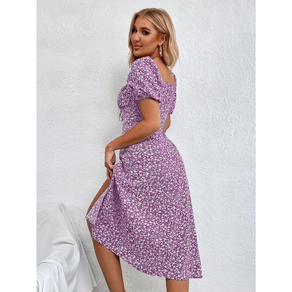 boho Floral Print Knot Front Split Thigh square neck midi Dress - Picture 9 of 11